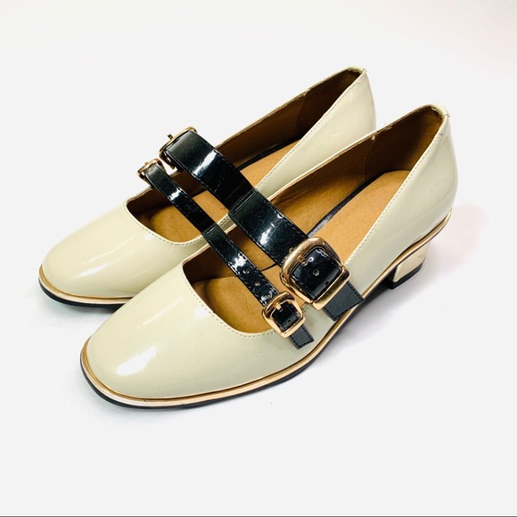 ASOS Maryjane Low Heel Shoes Cream Gold Black - Picture 2 of 8
